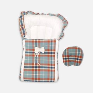 Newborn baby carry nest and matching head-support pillow featuring a blue and orange plaid pattern with a white fabric bow accent on the front.