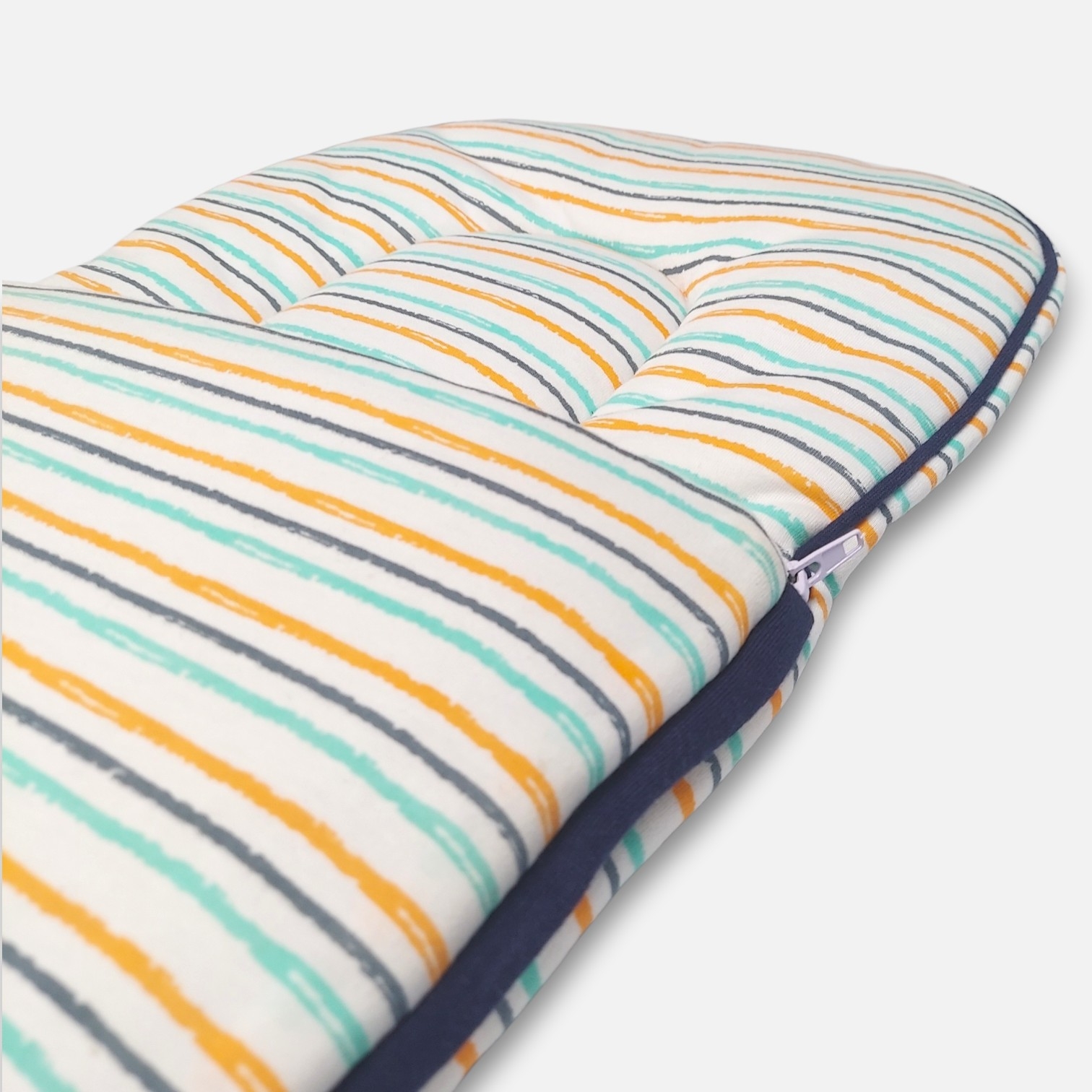 20260713_183419 (11) Multi-color striped baby carry nest and sleeping bag with teal, orange, and navy stripes, an integrated head pillow, and a "Super Little Adventure" animal embroidery.