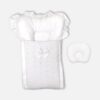 Premium white baby carry nest and sleeping bag featuring delicate floral eyelet embroidery, a fabric bow, ruffle-trimmed hood, and a matching separate head pillow.
