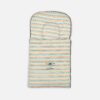 Multi-color striped baby carry nest and sleeping bag with teal, orange, and navy stripes, an integrated head pillow, and a "Super Little Adventure" animal embroidery.