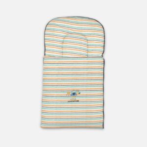 Multi-color striped baby carry nest and sleeping bag with teal, orange, and navy stripes, an integrated head pillow, and a "Super Little Adventure" animal embroidery.