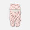 Off-white baby swaddle wrap with an all-over pink star print, featuring a hooded design with bear ears, a wrap-around security flap, and a split-leg layout.