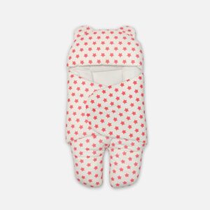 Off-white baby swaddle wrap with an all-over pink star print, featuring a hooded design with bear ears, a wrap-around security flap, and a split-leg layout.