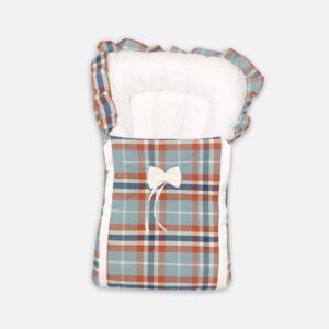 Newborn baby carry nest and matching head-support pillow featuring a blue and orange plaid pattern with a white fabric bow accent on the front.