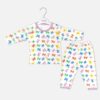 Unisex white cotton baby sleepwear set featuring a long-sleeve button-up top and matching trousers decorated with an all-over multicolored butterfly print and purple trim.
