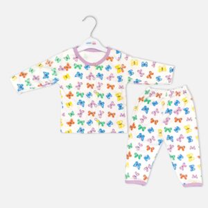 Unisex white cotton baby sleepwear set featuring a long-sleeve button-up top and matching trousers decorated with an all-over multicolored butterfly print and purple trim.