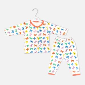 Unisex white cotton baby nightwear set from Mini and Me showing a long-sleeve button-up top and matching pants decorated with a vibrant multicolored butterfly pattern and peach-orange trim.