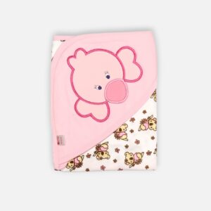 A folded pink and white 100% cotton hooded baby blanket featuring a large embroidered koala face on the solid pink hood and a repeating small koala and flower print on the white fabric section.