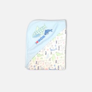 Folded light blue hooded baby blanket featuring an embroidered cartoon shark design with "I Love Mom" text on the hood and a playful shark pattern across the fabric.