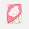 A folded bright pink and cream 100% cotton hooded baby blanket featuring a large embroidered sheep face on the solid pink hood and a repeating small cartoon animal and heart print on the patterned fabric section.