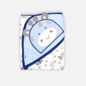 A folded light blue and white 100% cotton hooded baby blanket featuring a large embroidered giraffe face on the corner hood and a repeating small cartoon safari animal and star print on the main fabric section.