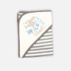 A folded grey and white 100% cotton hooded baby blanket featuring an embroidered shark graphic with the text "Wild & Hungry" on the solid white corner hood and a repeating horizontal grey and white striped pattern on the main fabric body.