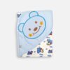 A folded light blue and off-white hooded baby blanket featuring a repeating pilot bear and airplane print on the body, with a solid light blue hood detailed with a large embroidered bear face outline.