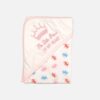 A folded cream-colored hooded baby blanket with pink trim featuring an embroidered pink crown and the text The Little Prince of My Heart on the hood alongside a repeating pattern of small blue, pink, and red crowns on the body.