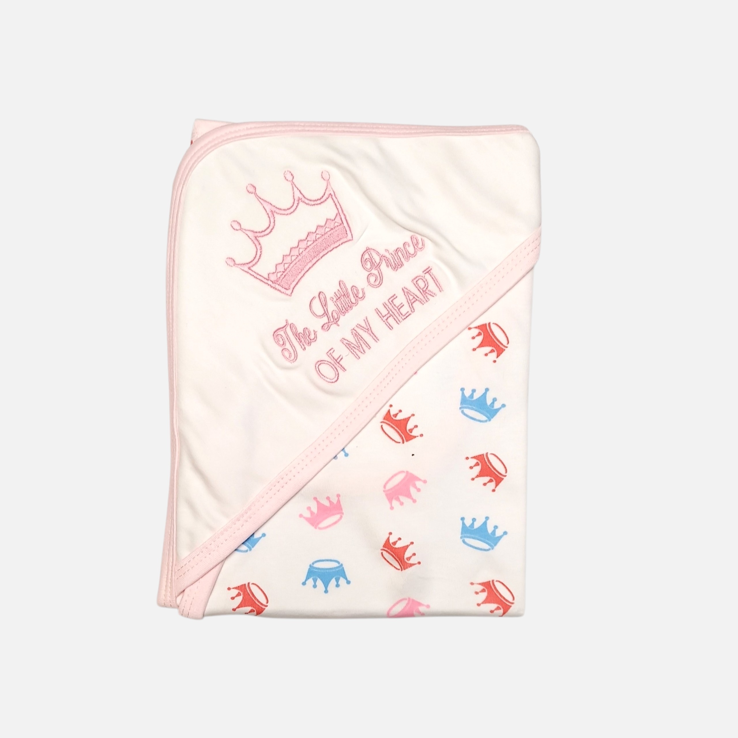 20260720_180530 (8) (11) A folded cream-colored hooded baby blanket with pink trim featuring an embroidered pink crown and the text The Little Prince of My Heart on the hood alongside a repeating pattern of small blue, pink, and red crowns on the body.