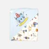 Folded light blue hooded baby blanket featuring an embroidered cartoon circus bear on the hood and a colorful carnival pattern on a white background.