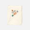 A folded off-white hooded baby blanket featuring an embossed textured pattern on the body and a hood detailed with embroidered colorful vehicles and the text "Tough GUY."