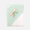 A folded mint green and off-white hooded baby blanket featuring a solid off-white body and a mint green hood detailed with an embroidered rainbow, bear, kitten, and the text "HAPPY DAYS."