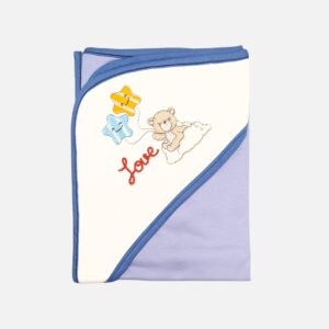 A folded pastel purple and white hooded baby blanket with dark blue trim, featuring an embroidered design of a teddy bear on a cloud with star balloons and the word "love" on the white hood.