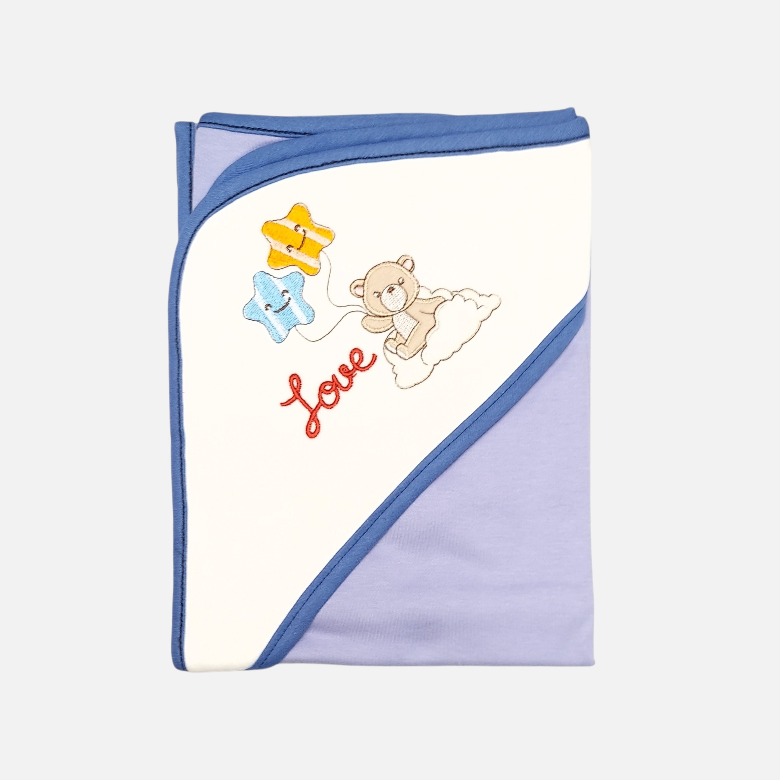 20260720_180530 (8) (19) A folded pastel purple and white hooded baby blanket with dark blue trim, featuring an embroidered design of a teddy bear on a cloud with star balloons and the word "love" on the white hood.
