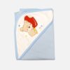 Light blue soft cotton hooded baby blanket folded neatly to display a white corner hood featuring an embroidered cute teddy bear holding a red popsicle.
