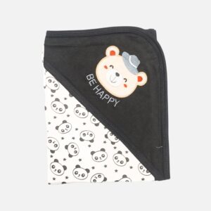A folded black and off-white hooded baby blanket featuring a repeating panda face and star pattern on the body, with a solid black hood detailed with an embroidered bear head wearing a grey hat and the text "BE HAPPY."