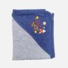 A folded navy blue and white striped hooded baby blanket featuring space-themed embroidery with a rocket ship, stars, and the text "ALL boy" on the hood.