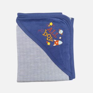 A folded navy blue and white striped hooded baby blanket featuring space-themed embroidery with a rocket ship, stars, and the text "ALL boy" on the hood.