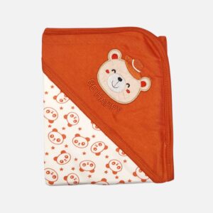 A folded orange and off-white hooded baby blanket featuring a repeating panda face and star pattern on the body, with a solid orange hood detailed with an embroidered bear head and the text "BE HAPPY."