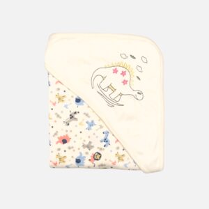 A folded linen and white 100% cotton hooded baby blanket featuring an embroidered dinosaur design with pink stars on the corner hood section and a repeating multi-colored cartoon safari animal and star print on the main fabric body.
