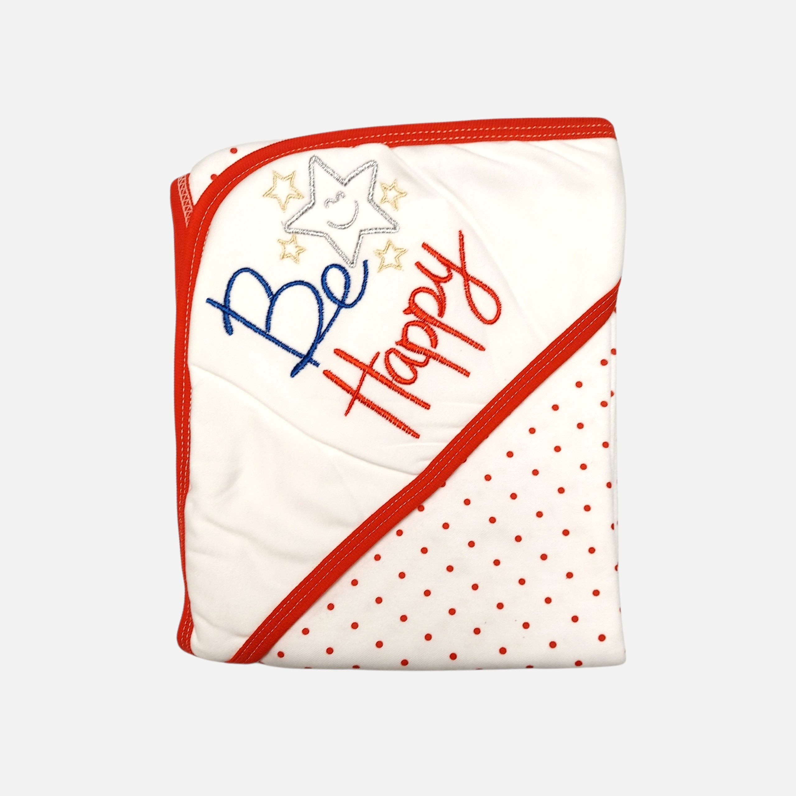 20260720_181308 (1) A folded off-white hooded baby blanket featuring a red polka dot pattern on the body, with a solid hood detailed with red trim and a colorful embroidered smiling star with the text "Be Happy."