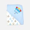 Light blue cotton hooded baby blanket for newborns featuring a "Be Happy" heart balloon embroidery on the corner hood and a printed hot air balloon pattern on the main wrap.