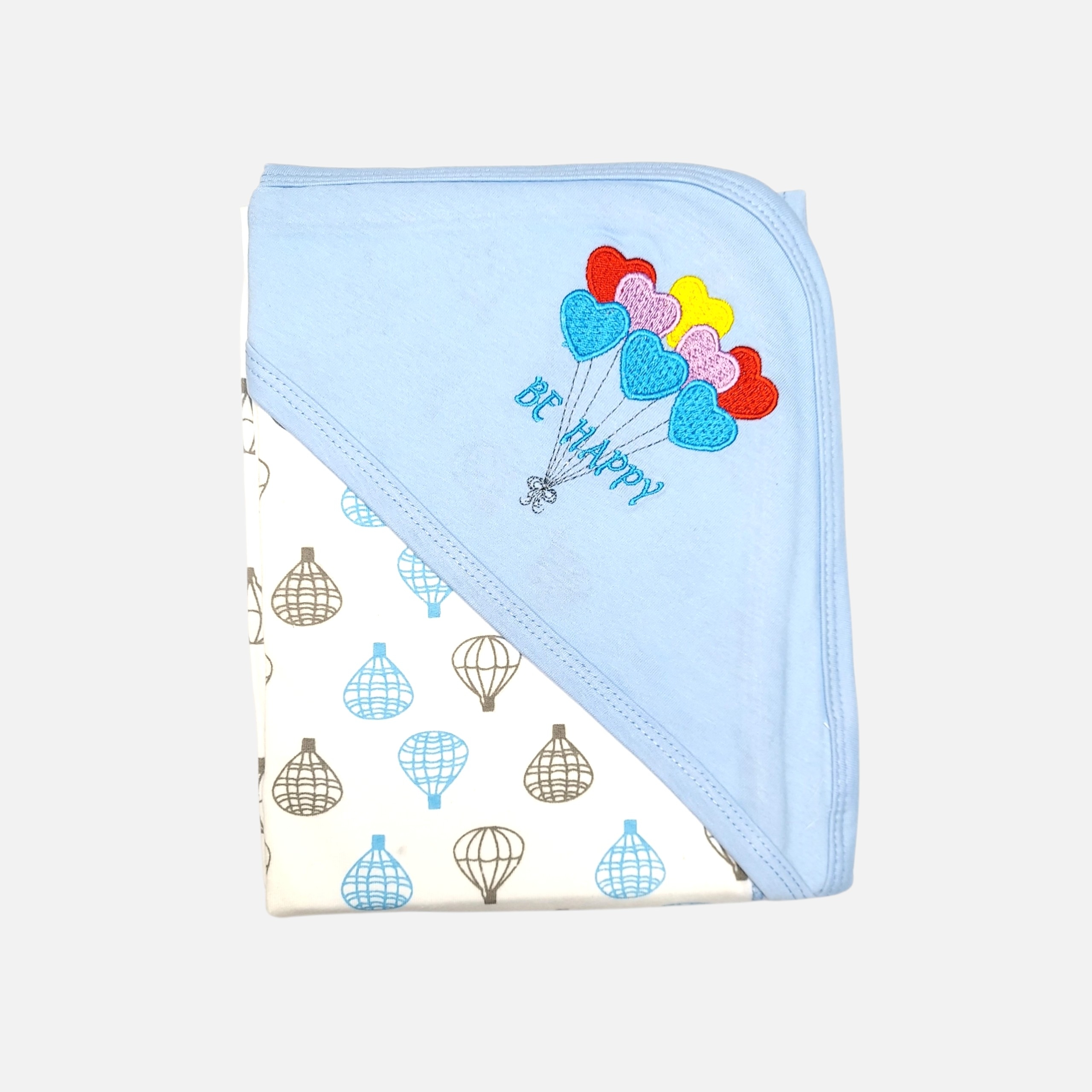 20260720_181308 (3) Light blue cotton hooded baby blanket for newborns featuring a "Be Happy" heart balloon embroidery on the corner hood and a printed hot air balloon pattern on the main wrap.