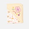 Beige cotton hooded baby blanket for infants featuring colorful flower embroidery with "Lady" text on the corner hood and a printed pattern of baby deer and pink blossoms on the main wrap.