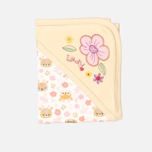 Beige cotton hooded baby blanket for infants featuring colorful flower embroidery with "Lady" text on the corner hood and a printed pattern of baby deer and pink blossoms on the main wrap.
