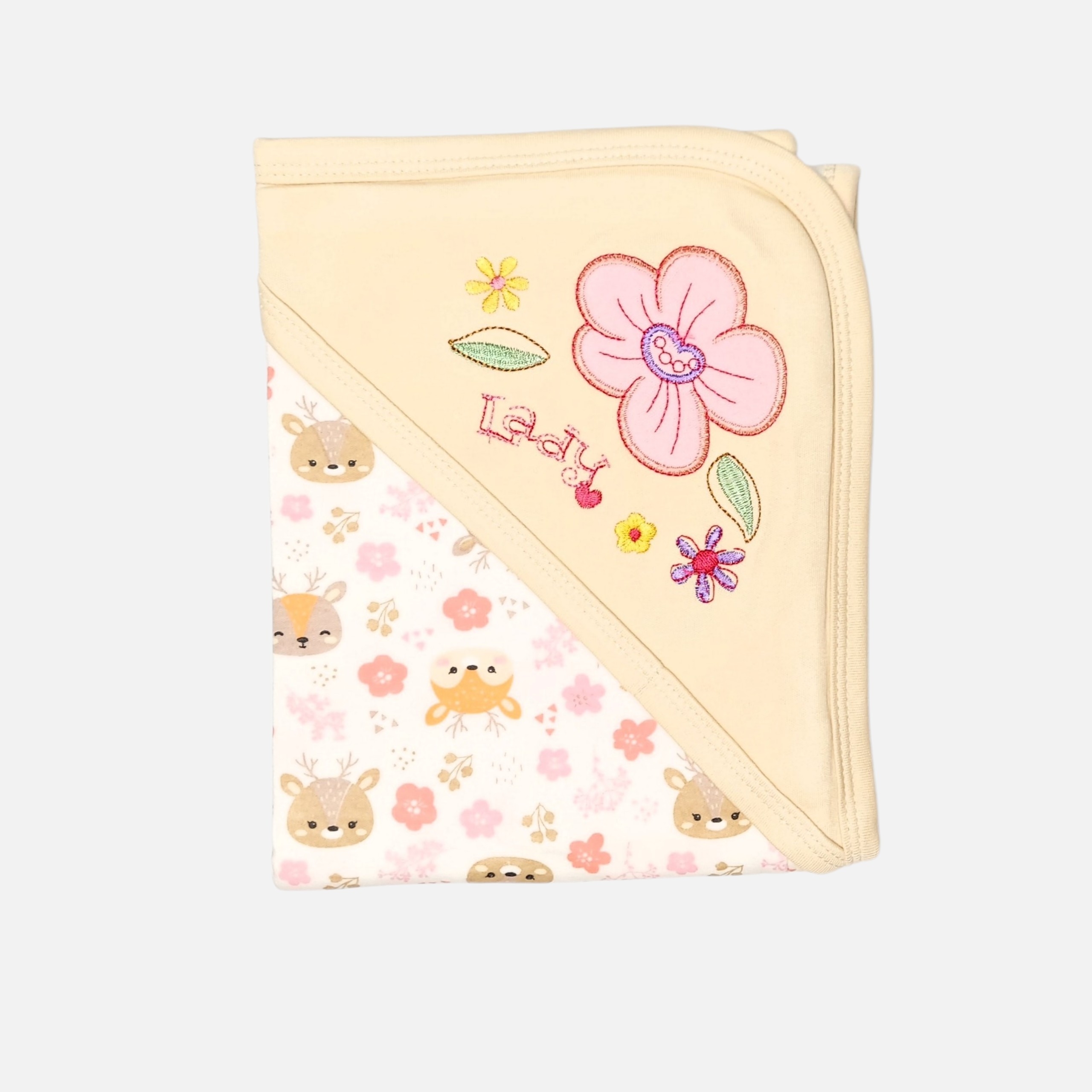 20260720_181308 (4) Beige cotton hooded baby blanket for infants featuring colorful flower embroidery with "Lady" text on the corner hood and a printed pattern of baby deer and pink blossoms on the main wrap.