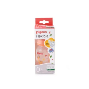 Pigeon Compact Flexible baby bottle for 0+ months featuring a cute deer and falling autumn leaves illustration with an orange collar cap.
