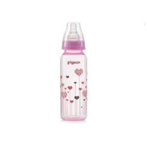 Pigeon Flexible Feeder Clear RPP baby bottle 240ml featuring a red and brown heart pattern print with a pink collar cap.