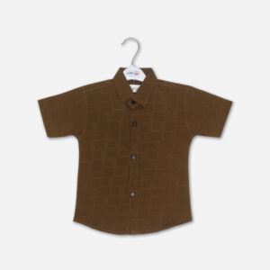 Alt Text Brown short sleeve button down shirt for boys with textured checkered pattern on a hanger.