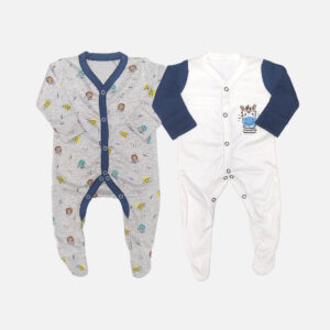 Mini & Me 2-pack baby boys footed sleepsuits including grey lion print and white zebra print designs.