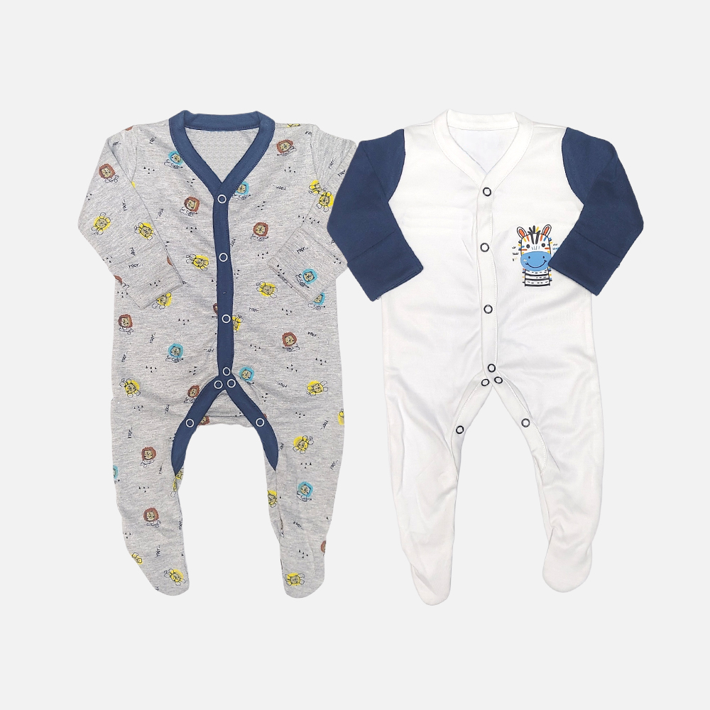 25000002 Mini & Me 2-pack baby boys footed sleepsuits including grey lion print and white zebra print designs.
