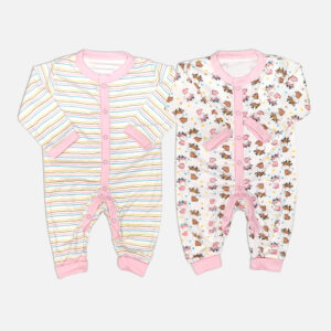 Mini & Me 2-pack baby girls cotton sleepsuits featuring pastel striped and character print designs with pink trim.