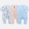 Mini & Me 3-pack baby boys cotton sleepsuits in light blue bear print, striped, and solid blue designs.