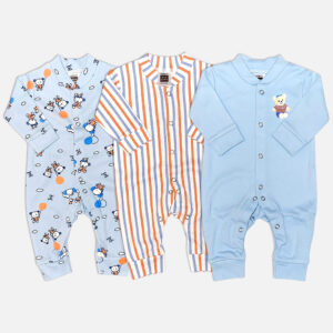 Mini & Me 3-pack baby boys cotton sleepsuits in light blue bear print, striped, and solid blue designs.