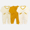 Mini & Me 3-pack baby cotton sleepsuits featuring yellow horizontal stripe, solid mustard, and polka dot designs.