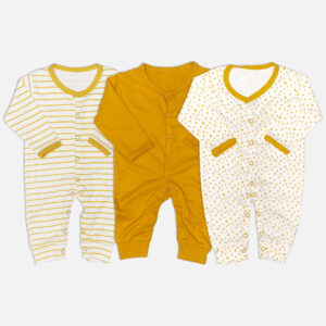 Mini & Me 3-pack baby cotton sleepsuits featuring yellow horizontal stripe, solid mustard, and polka dot designs.