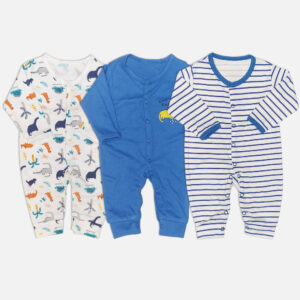 Mini & Me 3-pack baby boys cotton sleepsuits featuring dinosaur print, solid blue, and blue striped designs.