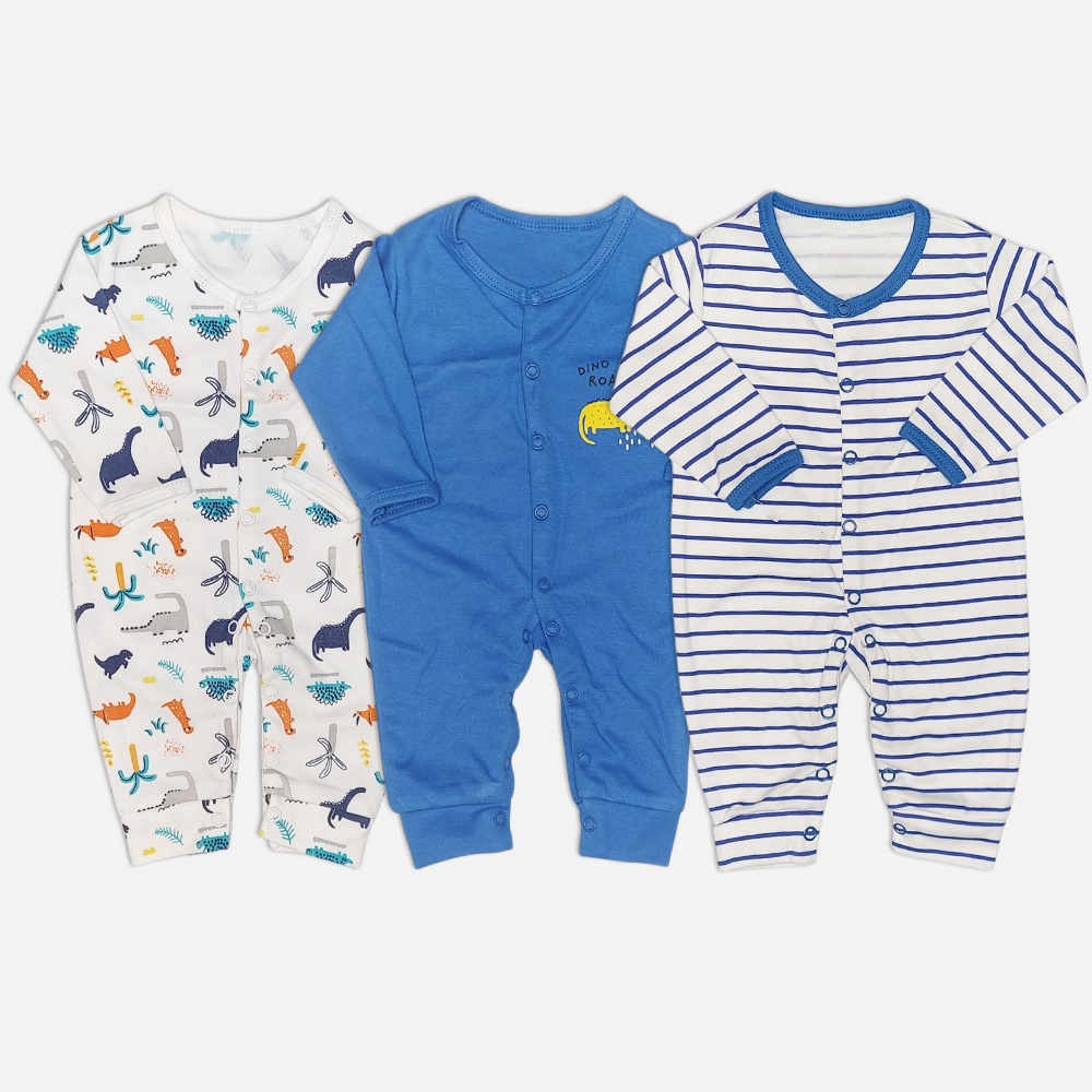 25000038-5 Mini & Me 3-pack baby boys cotton sleepsuits featuring dinosaur print, solid blue, and blue striped designs.