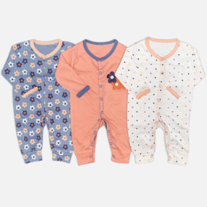 Mini & Me 3-pack baby girls cotton sleepsuits featuring dusty blue floral print, solid peach, and polka dot designs.