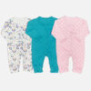 Mini & Me 3-pack baby cotton sleepsuits featuring rainbow print, solid teal, and soft pink arch pattern designs.